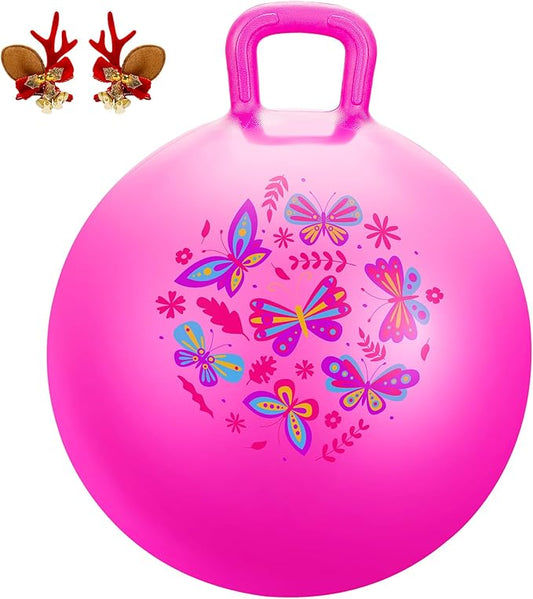 PlayZap Hopper Ball for Kids 3-8,18 Inch Pink Bouncy Ball with Handle, Inflatable Hippity Hop Bounce Hopping Toys Indoor Outdoor for Boys Girls Gifts, Butterfly