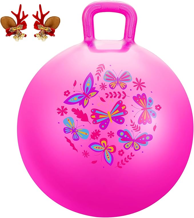 PlayZap Hopper Ball for Kids 6-12,20 Inch Pink Bouncy Ball with Handle, Inflatable Hippity Hop Bounce Hopping Toys Indoor Outdoor for Boys Girls Gifts, Butterfly