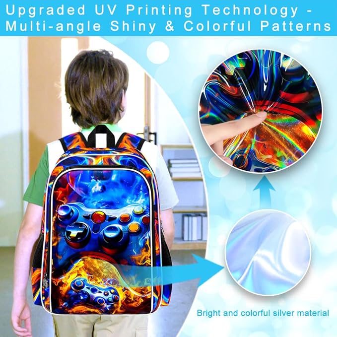 17" Gamer Backpack for Boy, 3Pcs Fire Bookbag for Elementary Preschool Kindergarten, Kids School Backpacks with Lunch Box (Red)