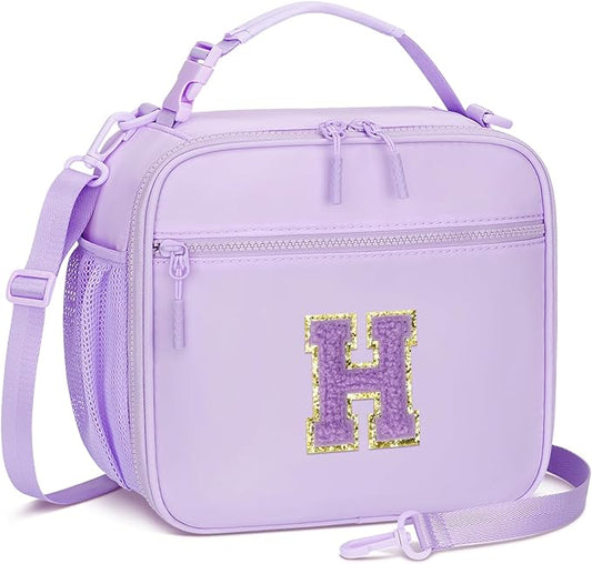 Kids Initial Lunch Bag, Reusable Insulated Lunch Box for Girls Toddlers, Back to School Gift, Leak-proof Cooler Bag for School Daycare Travel Picnic, Purple-H