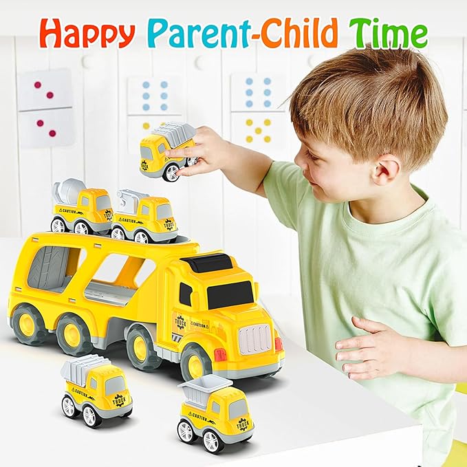 Veslier Toddler Car Toys for 3 4 5 Years Old Construction Transport Truck with 4 Pack Small Pull Back Construction Vehicles Friction Power Cars Christmas Birthday Gifts for Kids Boys Girls