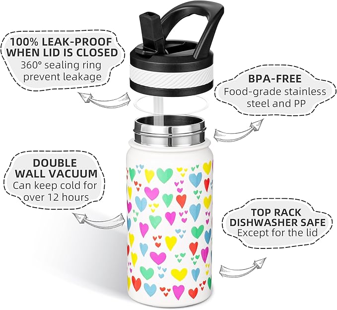 Fanhaw 14 Oz Kids Insulated Water Bottle with Straw - Stainless Steel Double Wall Vacuum Cup, Leakproof, BPA Free, Suitable for Boys and Girls(White - Rainbow Hearts)