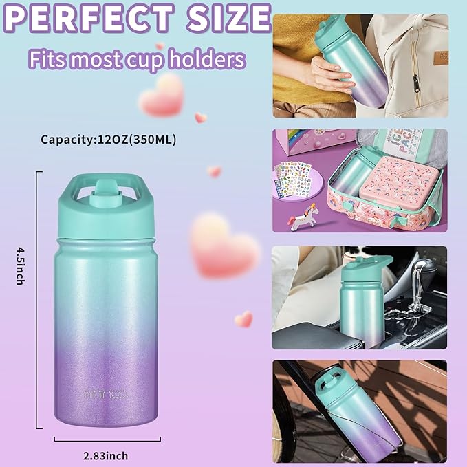 Mininoo Insulated Kids Water Bottle, 12 oz Stainless Steel Water Bottle Kids with Straw Lid and Chug Lid for Girls, Boys (Aurora)