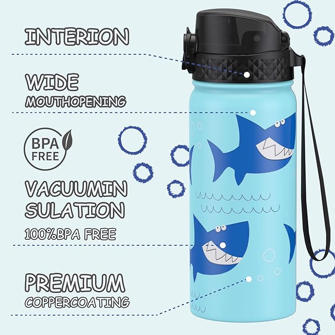 GOPPUS Kids Water Bottle (Straw Lid) - 18 Oz Stainless Steel Travel Bottle, Double Wall Vacuum Leak Proof Kids Cup for School Boys Girls,Iron Shark