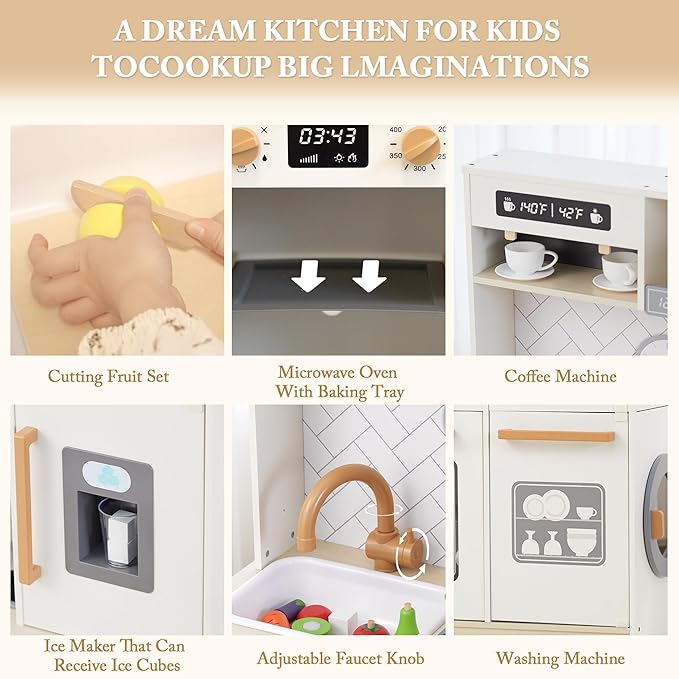 Freniland Wooden Play Kitchen, Kids Kitchen Playset with Real Light & Sound, Realistic Ice Maker,Stove Oven Chef Pretend Toy Kitchen Include 31 Accessories, Gift for Child Ages 3+ Toy Furniture