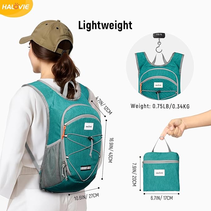 HALOVIE 15L Foldable Hiking Backpack Phone Pocket Lightweight Travel Daypack with Chest Strap Small Packable Pack for Walking Women Men (Cyan)