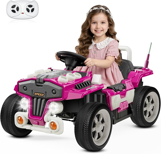 ANPABO 12V Ride On Truck Car with Remote Control, Kids Electric Car with Bluetooth Music, Horn, 3 Speeds, LED Lights, Soft Start, Ride on Toys for Toddler Boys & Girls (Pink)