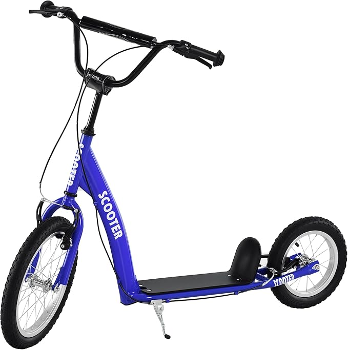 Aosom Youth Scooter Kick Scooter for Kids 5+ with Adjustable Handlebar 16" Front and 12" Rear Dual Brakes Inflatable Wheels