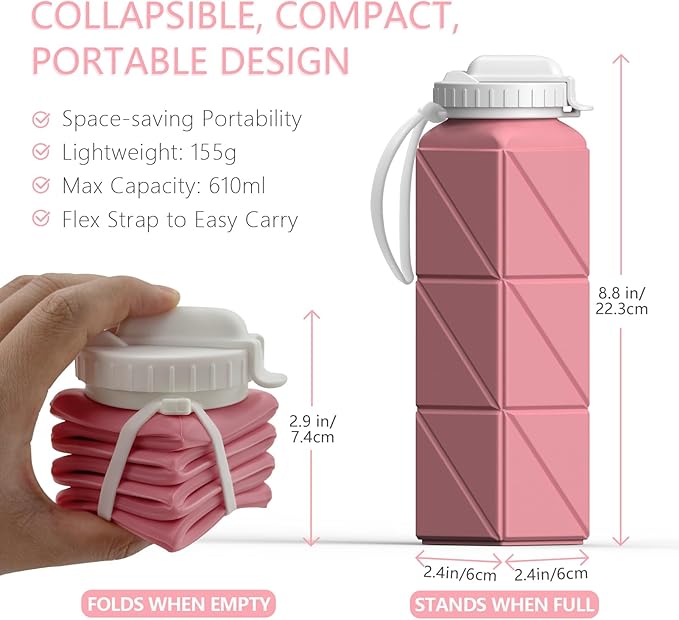 Collapsible Water Bottles with Straw 20.6oz, Silicone Foldable Portable Water Bottle, Lightweight Reusable Leakproof for Travel Camping Hiking Cycling Yoga Sports, 1 Pack (Pink)