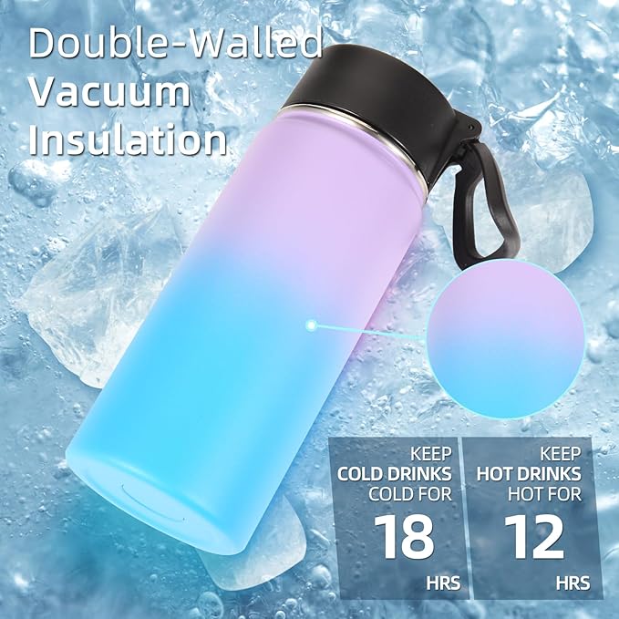 Volhoply 16 OZ Kids Water Bottle Bulk 4 Pack,Insulated Sports Bottles with Straw Lid,Stainless Steel Bottle with Handle Keep Cold,Double Wall Vacuum Tumbler Cups for School,Girl(Lavender Blue, 4
