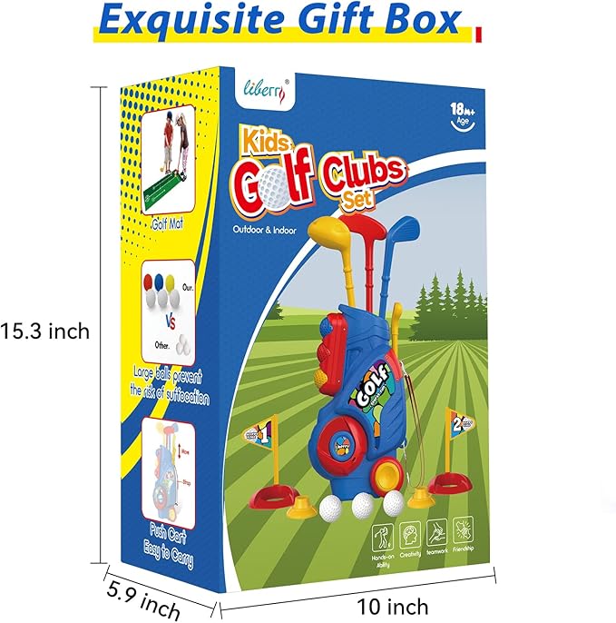 Liberry Toddler Golf Set with Putting Mat for 2 3 4 5 Years Old Boys Girls, Upgraded Kids Golf Cart with Unique Shoulder Strap Design, Indoor and Outdoor Golf Toys