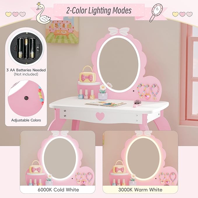 MU Kids Vanity Set with Lighted Mirror and Stool, Kids Makeup Vanity Desk with Storage Space, Bow Pattern for Little Girls, Toddler Princess Makeup Dressing Table with Chair Set, Pink