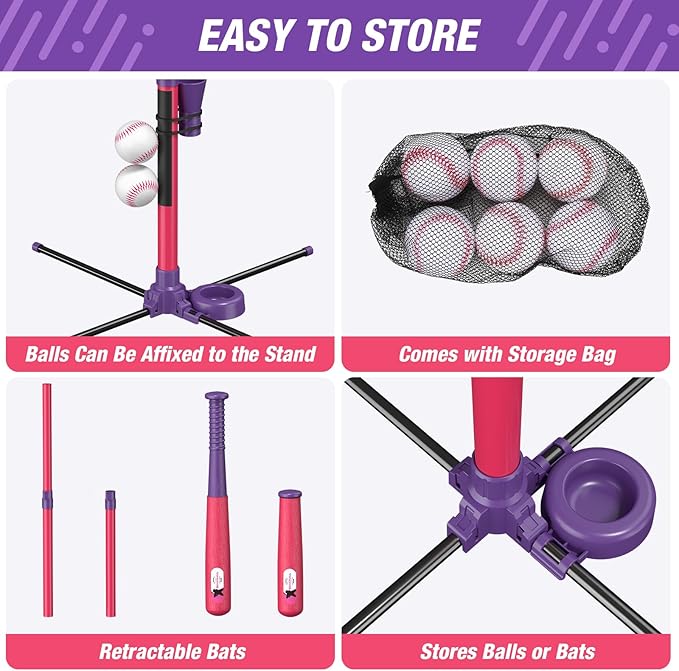 QDRAGON 4 in 1 Tball Set for Toddlers 3-5 with Toss and Catch Ball Set / 2 Bats, Hanging Tee Ball Stand with Auto Pitching Machine, Indoor Outdoor Sport Toys Games Christmas Birthday Gifts for Girls
