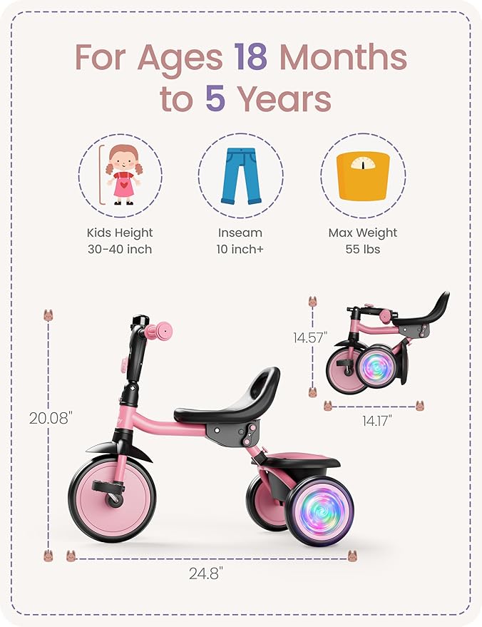 besrey Colorful Lighting Toddler Tricycle for Ages 18 Months to 5 Years, Toddler Bike with Bell, Kids Tricycle, Gift for 2-5 Year Olds, Toy for Boys and Girls, Tricycle for Toddlers, Pink