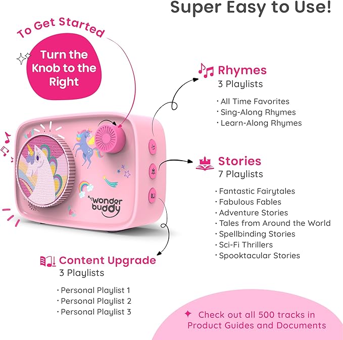 WonderBuddy Kids Story Box Audio Player, 500+ Preloaded Stories & Rhymes with Storybook DIY Art Kit, Voice Recorder, Content Upgrade, Bluetooth, Birthday Gift for Girls 3+ Years- Unicorn