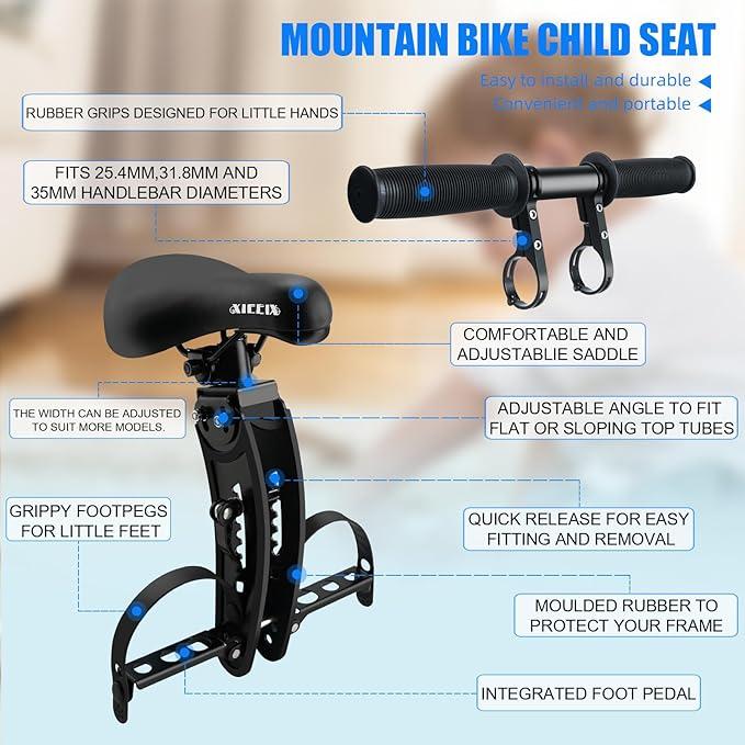 Kids Bike Seat with Handlebar Attachment, Detachable Front Mounted Child Bicycle Seats with Foot Pedals for Children 2~5 Years, Compatible with All Adult Mountain Bikes (Handle+Seat)