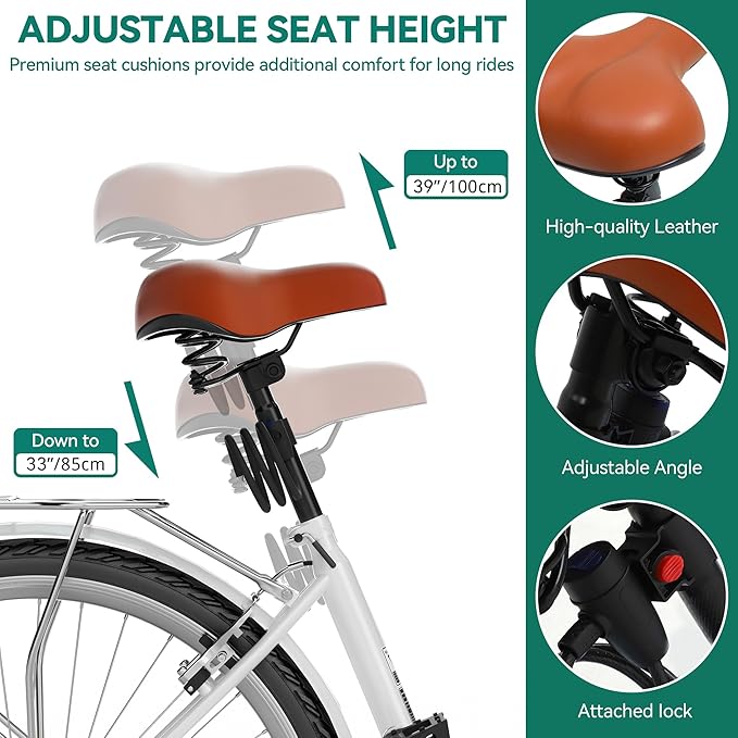 YITAHOME Beach Cruiser Bike for Women, 24 & 26 inch Commute Bike for Adults, 1 & 7 Speed Womens Bicycle with Basket Adjustable Seat, Multiple Color