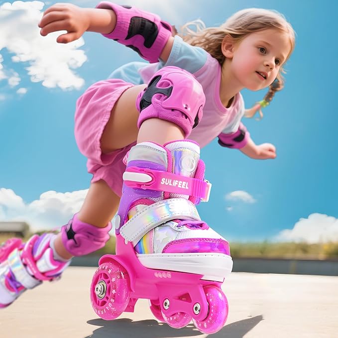 SULIFEEL Rainbow Unicorn 4 Size Adjustable Light up Roller Skates for Girls Boys for Kids