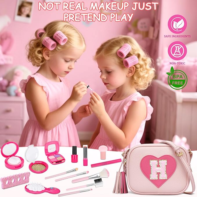 CBEE Kids Pretend Makeup Kit for Girls Non Toxic Make Up Toys Toddler Purse Personalized Gifts for 3 4 5 6 7 8 Year Old Girls (H)