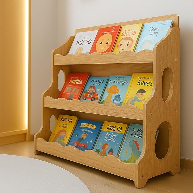Kids Bookshelf Wooden Montessori Book Shelf Dutch Design 3Tier Scalloped,NaturalMapleWood Pattern