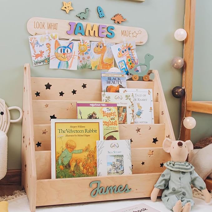 Kids Bookshelf, Furniture for Kids, Personalized Montessori Bookshelf, Open Bookcase for Playroom in Two Sizes, Wooden Shelf with Stars.