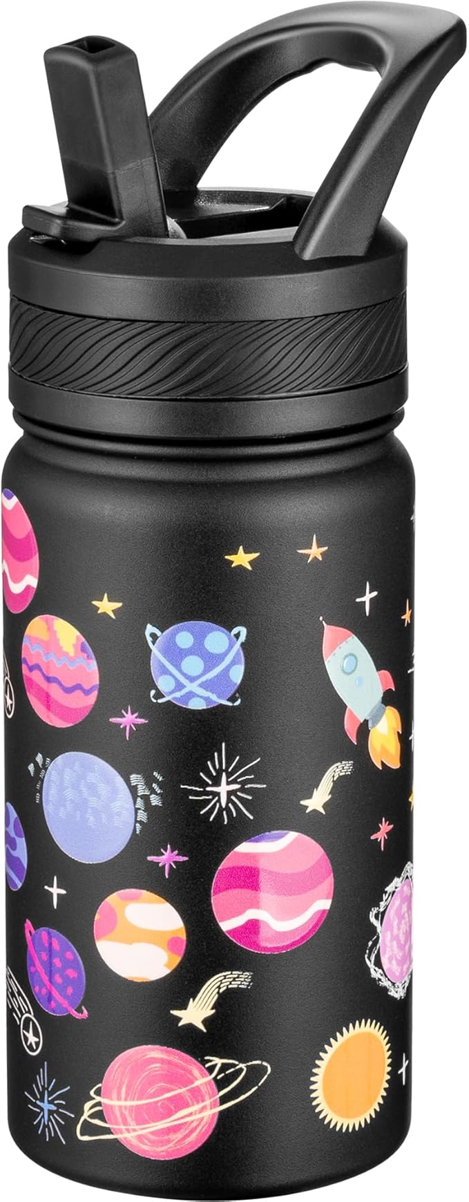 Fanhaw 14 Oz Kids Insulated Water Bottle with Straw - Stainless Steel Double Wall Vacuum Cup, Leakproof, BPA Free, Suitable for Boys and Girls(Black - Solar System)