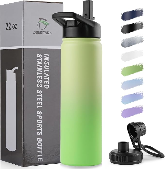 DOMICARE Insulated Water Bottle, 22 oz Vacuum Insulated Stainless Steel Reusable Sports Bottle with Straw Lid & Spout Lid for Travel, Camping, Bike, Leakproof, Green Gradient, 1 Pack