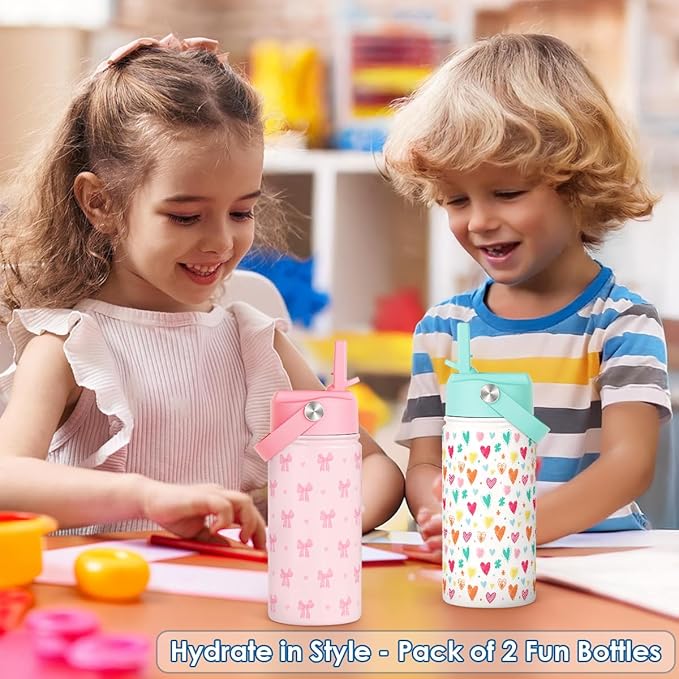 Kid Water Bottle 12oz with Straw Lid - 2-Pack Insulated Stainless Steel Water Bottles for Kids Girls - Travel Cup for School Sports, Bow & Heart