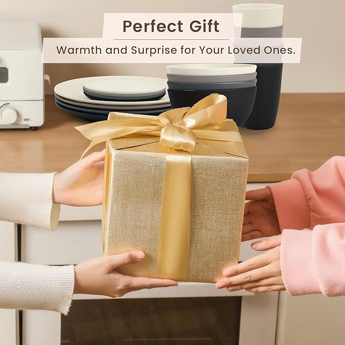 Homienly Wheat Straw Dinnerware Set - Dinner Plates, Cereal Bowls, Drinking Cups Set, Unbreakable 16 PCS Dish Set, Microwave and Dishwasher Safe Dishes for Home, Outdoor - Grey Stone