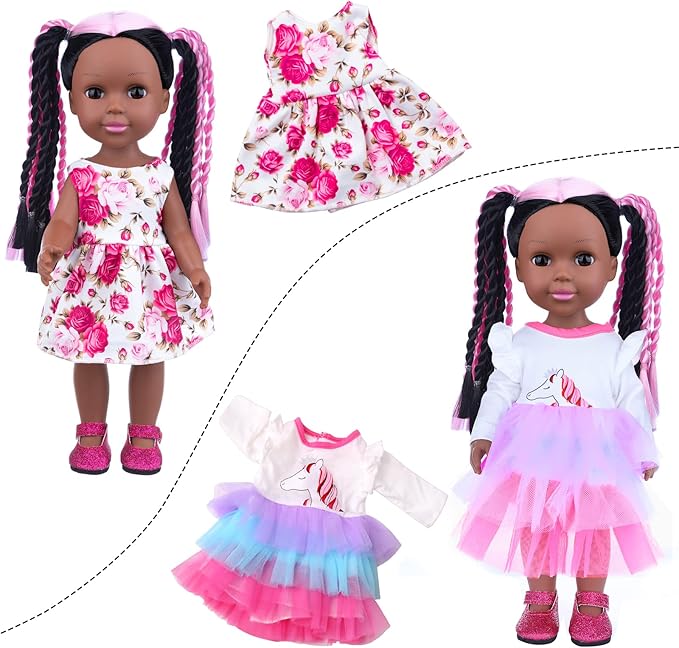 ZNTWEI 14.5 Inch Black Baby Doll and Clothes Accessories Set Handmade Braid Hair African American Baby Doll Gifts for Kids Aged 2 3 4 5 6 7 Years Girls
