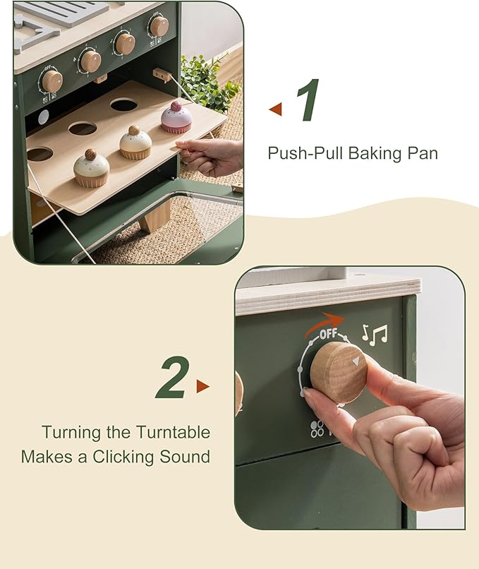 ROBOTIME Wooden Toy Oven Play Kitchen Set, Kids Kitchen Playset with Play Food, Pretend Play Oven Wooden Toy Kitchen Set for Toddlers Boys Girls(Vintage Green)