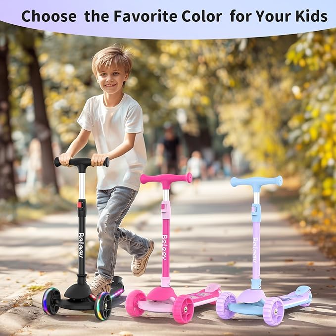 BELEEV A9 Kids Scooter with LED Light-Up Wheels & Deck, 3 Wheel Folding Scooter for Toddlers Girls Boys Ages 3-12, Adjustable Handlebar, Lean to Steer, Extra-Wide Wheels, Kick Scooter for Children