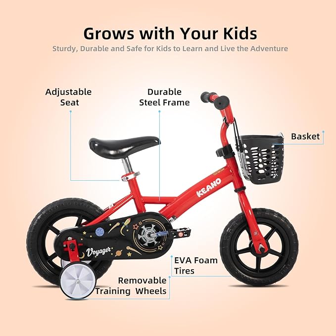 KEANO Voyager 10 12 Inch Kids Bike for Boys and Girls Ages 1-4 Years, Toddler Bike with Training Wheels & Basket, Detachable Parent Push Handle, Children Bicycle