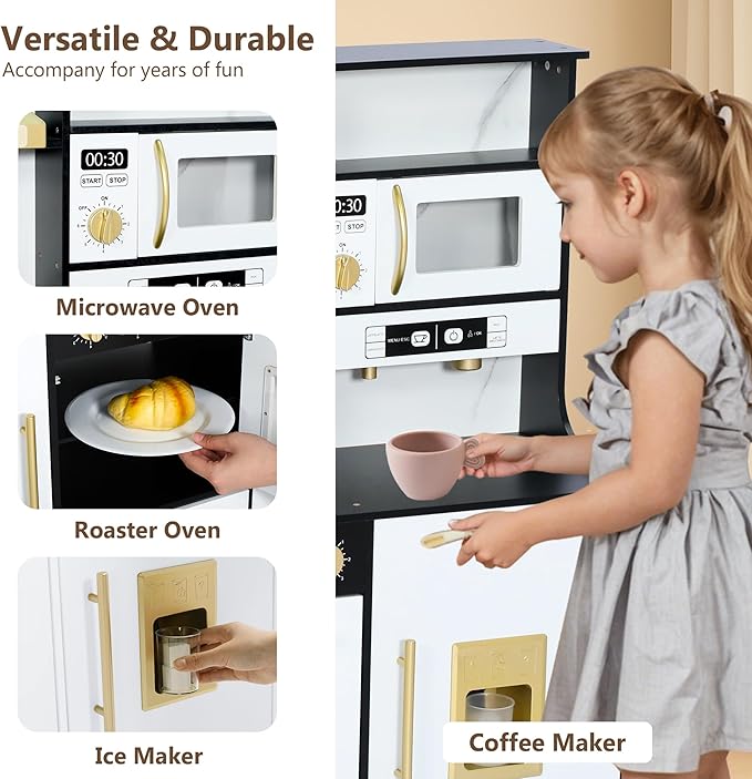 Kinder King Wooden Kids Play Kitchen, Toy Kitchen Playset for Toddler, Play Kitchen Set w/Real Sounds, Pretend Coffee Machine, Kitchen Hood, Sink, Ice Maker, Gift for Boys Girls Age 3+, Black