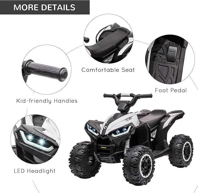 Aosom 12V Kids ATV Quad Car with Forward & Backward Function, Four Wheeler for Kids with Wear-Resistant Wheels, Music, Electric Ride-on ATV for Toddlers Ages 3+ Years Old, White