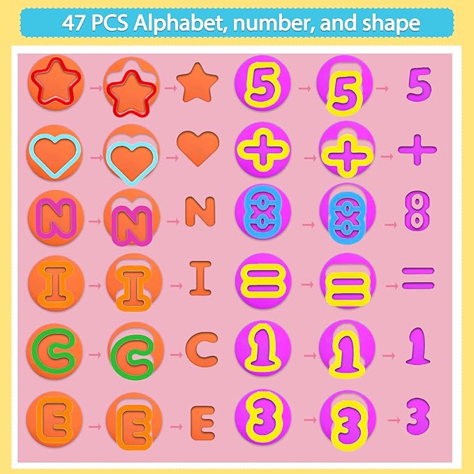 Playdough Tool Set, 56 Pcs Play Dough Tools Sets for Kids Ages 4-8, Playdough Accessories Includes Alphabet Numbers Shapes, Cutters Roller, Rolling Pins, Safety Scissors, Plastic Knife