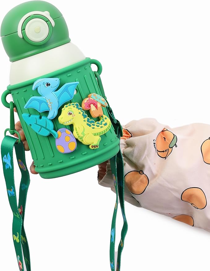 Kids Insulated Tumbler Set – 16 oz Stainless Steel Bottle with 2 Lids (Straw + Pour), Screw-On Cup, Adjustable Strap, Silicone Sleeve + 8 Charms – BPA-Free, Gift-Ready (Dinosaur)