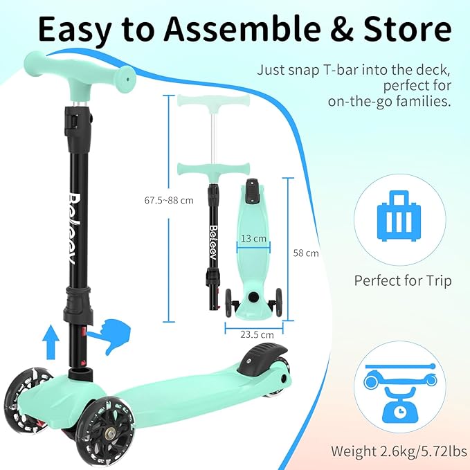 BELEEV Scooters for Kids 3 Wheel Kick Scooter for Toddlers Girls Boys, 4 Adjustable Height, Lean to Steer, Light up Wheels, Extra-Wide Deck, Easy to Assemble for Children Ages 3-12 (Rose Pink)