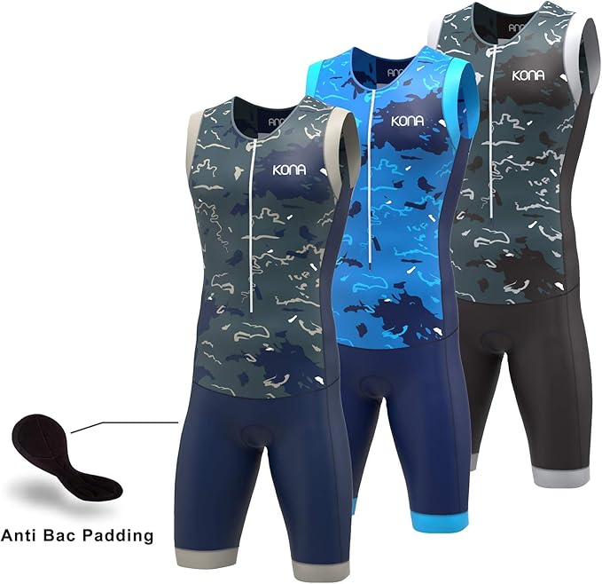 KONA Mens Assault Triathlon Race Suit - Sleeveless Skinsuit Padded Cycling Tri Suit for Swim Bike Run