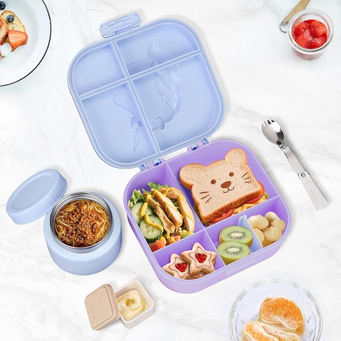 Kids Lunch Box Set -12oz Insulated Food Jar, Thermal Bag,Leakproof Lunch Food Containers Cutlery (BPA Free)-Gift for Girls/Boys Age 3-10(Blue+Blue Jar)