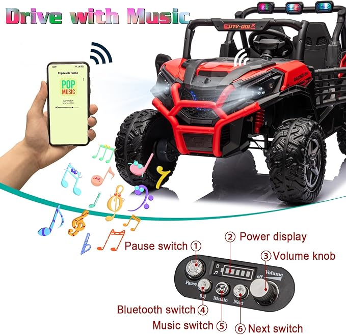 24V Ride On Car for Kids, 2 Seater Ride On UTV, Battery Powered Kids Electric Car with Remote Control, 4WD Side by Side Ride On Truck with Bluetooth, Red