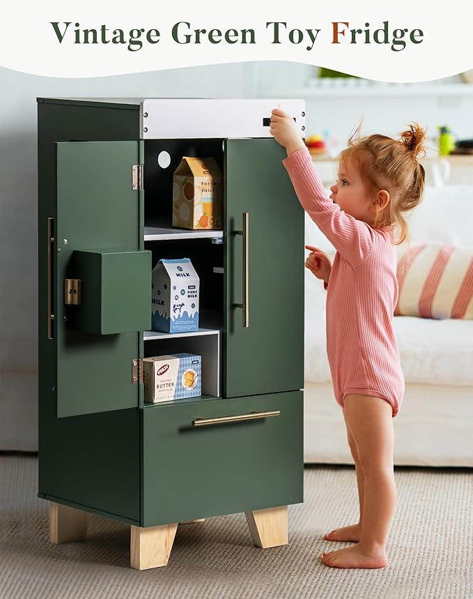 ROBUD Kids Play Kitchen - Vintage Green Refrigerator for Kids Kitchen Playset with Accessories - Pretend Toddlers' Kitchen Toy Fridge - Perfect Baby Gift for Ages 3-8