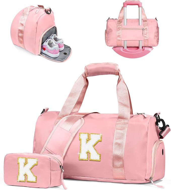 Girls Cheer Up Gifts-Girl Gym Bag with Shoe Compartment, Kid Personalized Weekender Overnight Bags, Initial Travel Tote with Makeup Pouch, Graduation Gift for Niece Kids Daughter (Letter K)