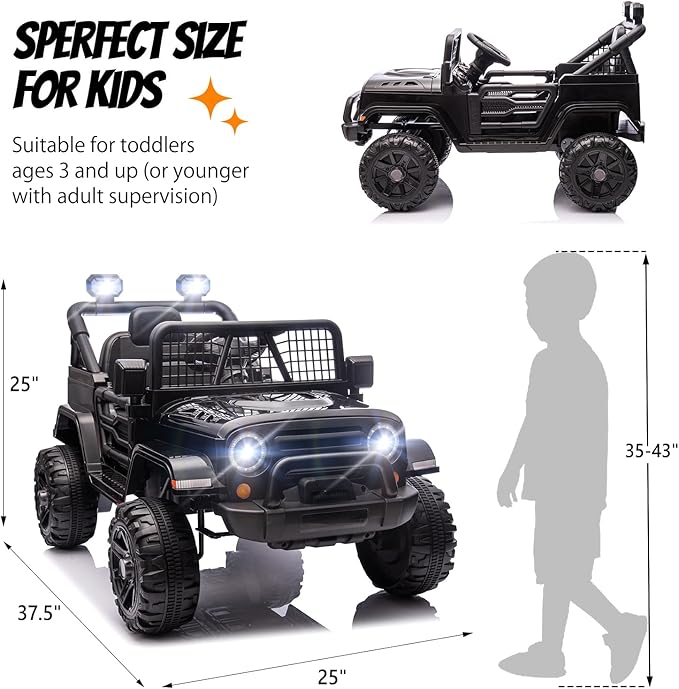 JOYMOR 12V Kids Ride on Truck with Remote Control, 4 Wheels Battery Powered Kids Car, Electric Play Car with LED Lights/Horn/Remote and Manual Control/3-5 MPH Speed/Gift for Girl Boy (Black)