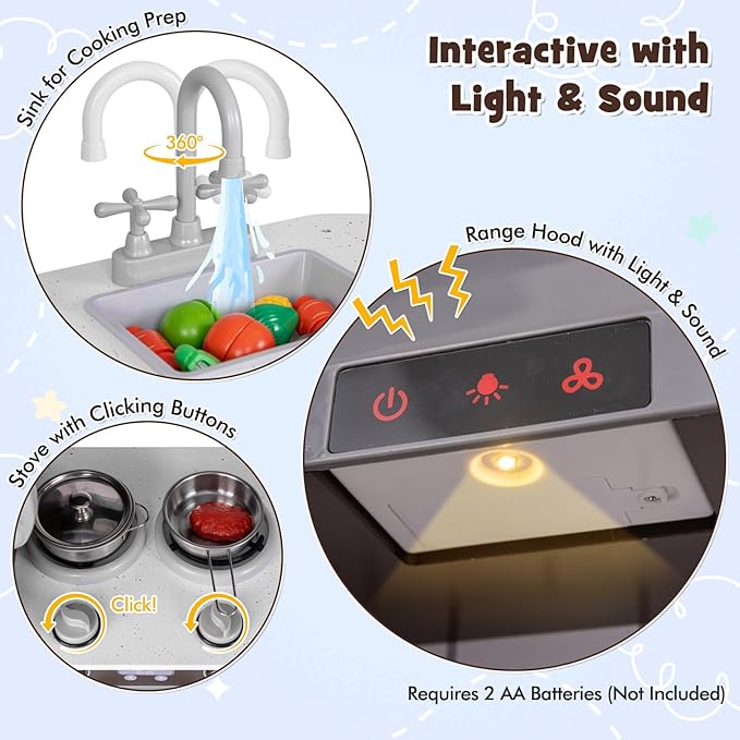 Costzon Kids Kitchen Playset,2-Piece Wooden Modular Pretend Toy Playset w/Sounds & Lights, Washing Machine, Range Hood, Ice Maker, Blackboard, Play Telephone, Play Kitchen for Kids Ages 3+ (Brown)