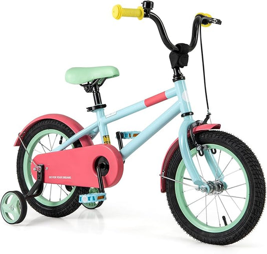 BABY JOY Colorful Macarons Kids Bike, 12 14 16 18 Inch Sporty Children's Bicycle with Training Wheels, Adjustable Handlebar & Saddle, Handbrake & Coaster Brake, Boys Girls Bike for 3-8 Years Old
