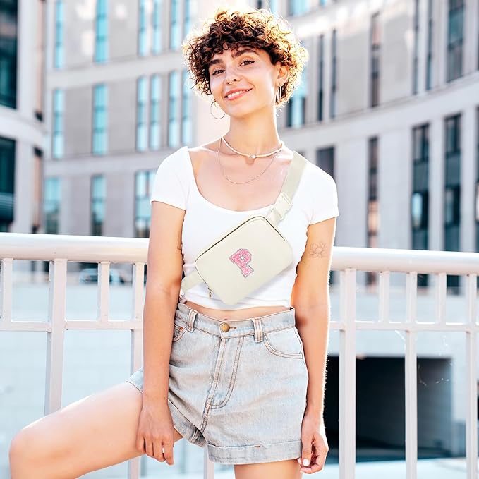 Personalized Belt Bag for Women Girls,Fashion Waist Packs with Adjustable Strap, Fanny Pack Crossbody Bag with Initial Letter Patch, Teen Birthday Gifts for Sister Teenager Tween Preteen (Cream, P)