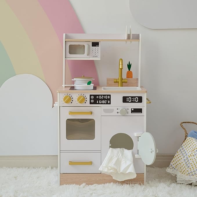 Teamson Kids Little Chef Lake Tahoe Smart Play Kitchen with Washing Machine, Oven, Microwave & Ample Storage, Neat & Compact Healthy Play for Age 3+, White