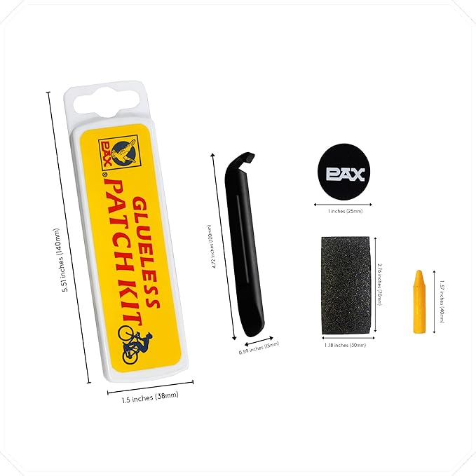 PAX 11Pcs Glueless Bike Tire Glueless Repair Patch Kit, 2 Pcs Nylon Tire Lever, Sand Paper, 1 Pc Marking Pen, 1 Pc Exposition in Portable Storage Box for Road, Mountain & BMX Bikes, ATV