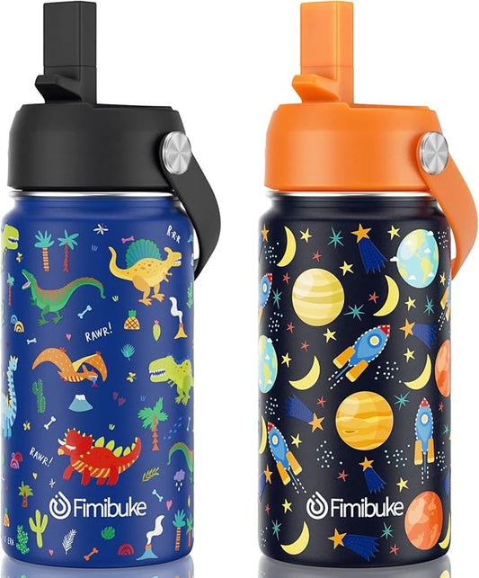 Fimibuke Kids Insulated Water Bottle, 14oz BPA FREE Double Wall Vacuum Tumbler 18/8 Stainless Steel Leak Proof Kids Cups with Straw Metal Water Bottle for School Boy Girl(2 Pack, SPACE/BLUE DINOSAUR)
